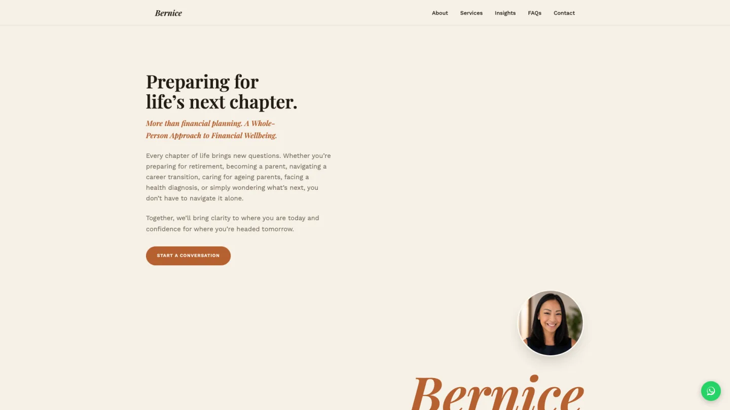 Bernice Lee, Financial planner, website built in the Claude Code workshop