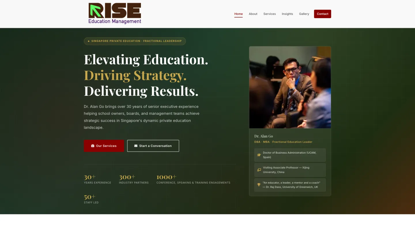 Dr Alan Go, Fractional education leader, Rise Education Management, website built in the Claude Code workshop
